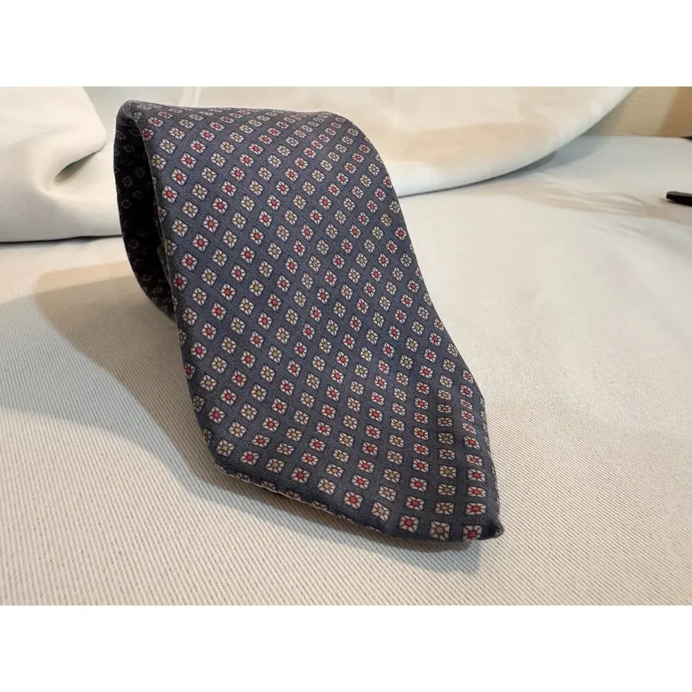 Kuppenheimer Navy Blue Tie 100% Silk Red And Gold Geometric Print